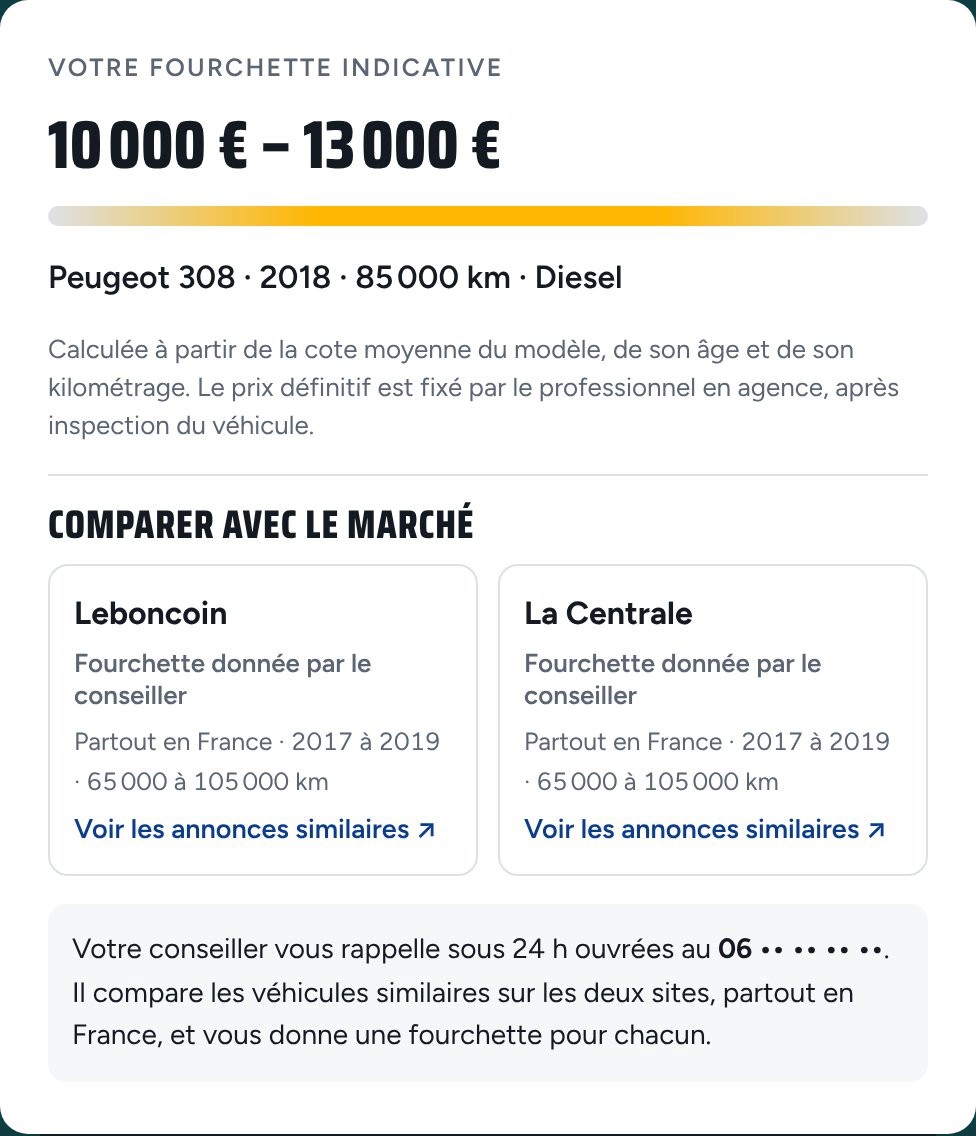 Exemple de résultat d'estimation La Bonne Cote : fourchette indicative de 10 000 € à 13 000 € pour une Peugeot 308 diesel de 2018 à 85 000 km